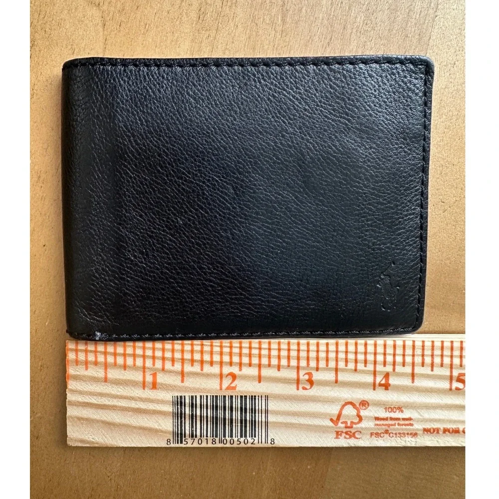 Polo Ralph Lauren Mens Black Pebbled Leather Bifold Wallet Embossed Pony Logo